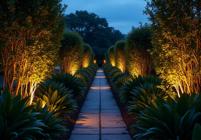 Jardín iluminado con LED durante la noche