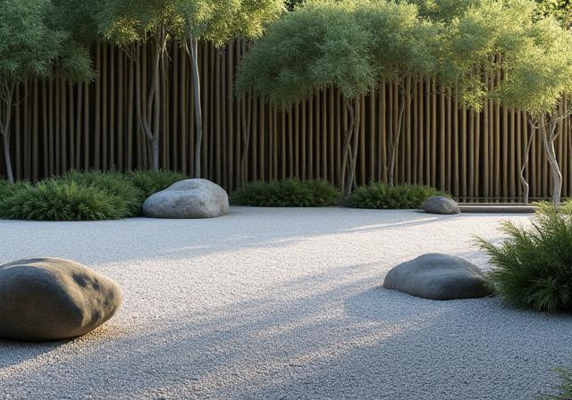 Jardín zen con área de meditación y bambú
