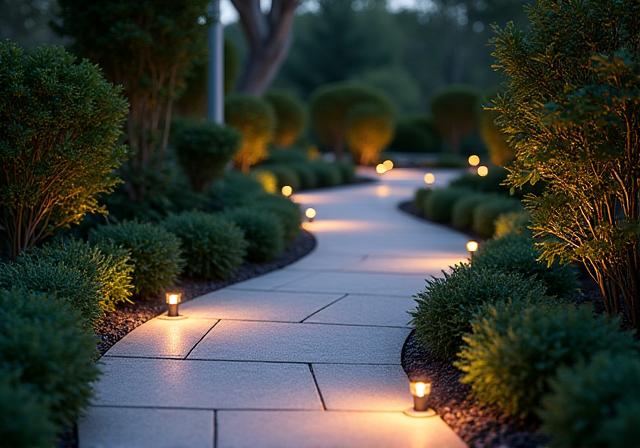 Sendero con luces integradas en paisajismo